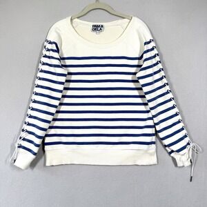 PAM and GELA Top Womens Small Striped Lace Up Sleeve Sweatshirt Nautical Coastal